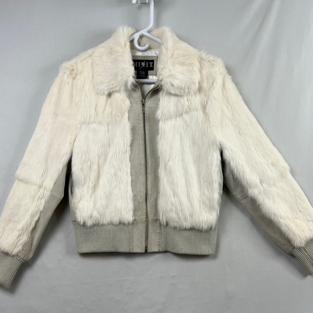 Mixit Rabbit Fur Leather Bomber Jacket Womens Medium Cream Grey Zip Up Luxe